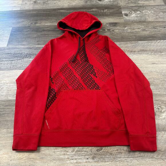 Nike Therma Fit Red‎ Black Mens Medium Big Spell Out Pullover Sweatshirt Hoodie - Picture 1 of 9